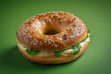 Fresh Veggie Bagel Sandwich on Green Background