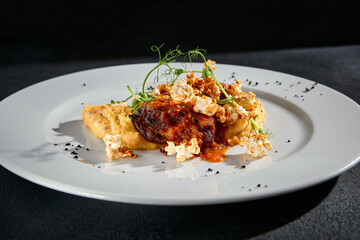 Savory beef medallions with vegetable puree on a textured black surface, a closeup of fine cuisine