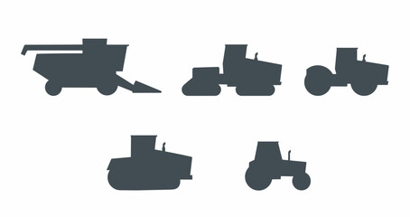 Agriculture and agricultural machinery vehicles flat icons collection silhouette set. Harvester, tractor. Agronomy.Farm.Vehicle for field farming work and land processing. Isolated vector illustratio