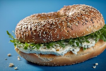 Cream Cheese Bagel with Sprouts on Blue Background