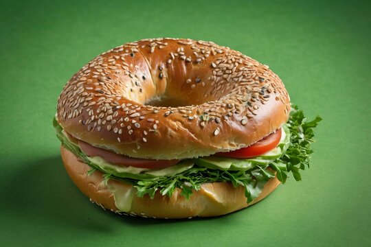 Bagel Sandwich on Green Background