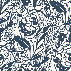 Black and white seamless pattern with flowers.  Vector