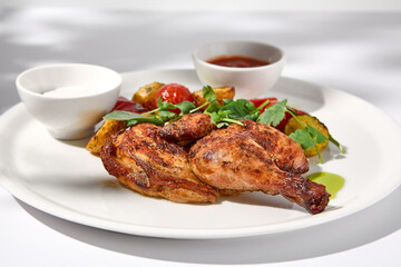 Grilled chicken tabaka with roasted vegetables and sauces on white, with shadows adding depth to the presentation