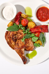 Roasted chicken tabaka with potatoes and sauces on a white background, top view - ideal for menus and culinary guides