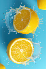 Lemon Fresh Fruits Falling with water Splash on blue, cutout. Juicy citrus lemon slice mix fly splashing, realistic, detailed. Grocery product package, advert