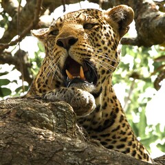 Portrait eines Leoparden auf einem Baum in der Serengeti in Tansania.