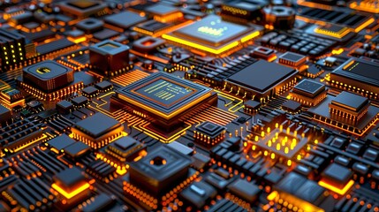 Electronic circuit board or scheme close up. The modern printed-circuit board with electronic components. Abstract technology background. Illustration for banner, cover, brochure or presentation. - obrazy, fototapety, plakaty