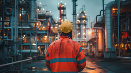 A back view of an engineer in high-visibility clothing observing the illuminated complex of a refinery at night, representing industry, safety, and technology.