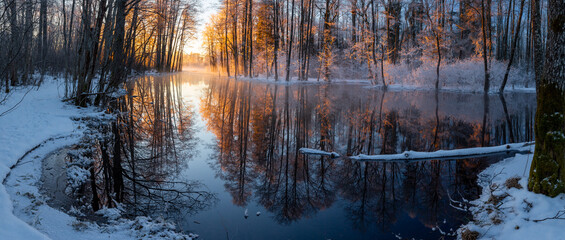 frosty sunrise at the spring water lake