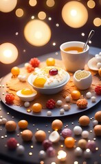 Obraz na płótnie Canvas Rich gourmet breakfast table with healty ingredients