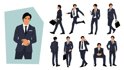 Set of Businessman character in different poses. Handsome young asian man wearing formal suit standing, walking, with phone, briefcase front, back, side view. Vector realistic illustration isolated.