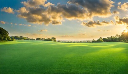 Wide lawn trimmed with precision under a sunset sky