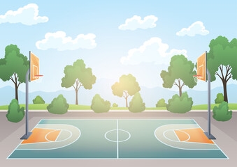 Basketball court. Urban concept landscape with playground, athletic field with backboard, basket and ring. Background with green trees,  illustration © the8monkey