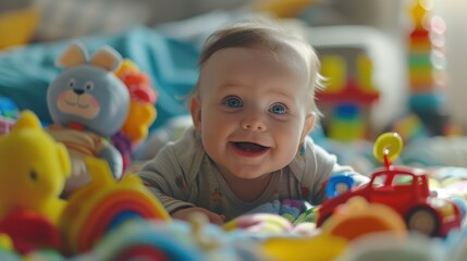 Fototapeta na wymiar happy little baby surrounded by toys, baby's development and happiness