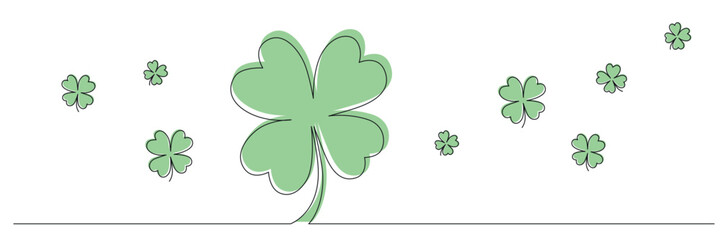 Clovers flower banner for Saint Patrick day - good lucky symbol, single line. Vector stock minimalism illustration isolated on white background for design template invitation frame. Editable stroke.