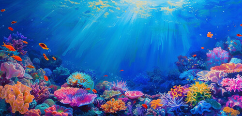 Fototapeta na wymiar A vibrant coral reef, teeming with colorful aquatic life, set against a background of deep, royal blue