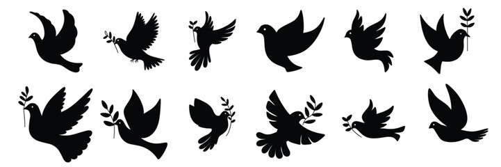 Collection of dove silhouette. Set dove of peace silhouette isolated on white background. Hand drawn vector art.