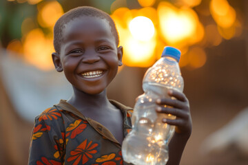 Little African boy smiling at the camera holding a bottle of water against the sunset background with space for text

