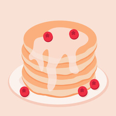 Cartoon pancakes. Stacks of tasty pancakes with fruits. Delicious breakfast food vector illustrations. American brunch with berries. 