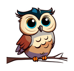 Cute funny cartoon owl sitting on branch. Forest bird or animal character. Decorative and style toy, doll. Childrens vector illustration for print or sticker isolated on White background.