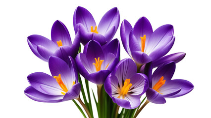 Violet crocuses, wild spring flowers bouquet, bunch isolated on white background