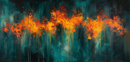 A vibrant explosion of abstract, drippy paint, with hues of bright orange and yellow clashing against a cool, dark teal background, embodying a fiery chaos