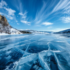 Blue ice and cracks of the surface of the ice with blue sky