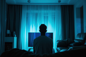 An image of a person sitting in a dark room, with the curtains drawn and a TV screen casting a blue light.