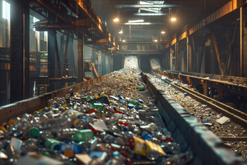 waste processing and sorting plant, sorting and processing for reuse, garbage on a conveyor belt
 - obrazy, fototapety, plakaty