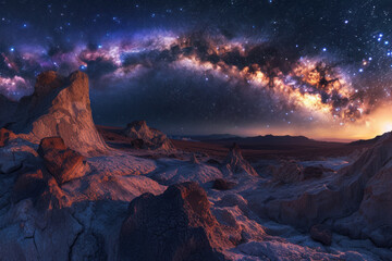 view of the Milky Way galaxy from a barren, rocky planet.