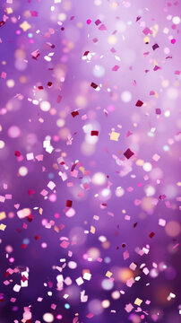 Cheerful confetti burst on blurry purple background