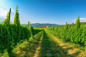 panoramic view of a hop field. The hop vines are climbing up the trellises