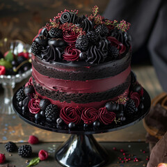 elegant dark Victorian red velvet cake with black frosting