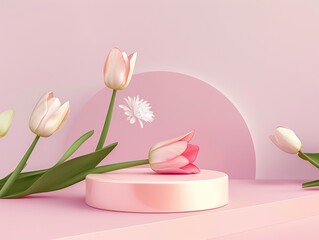 Minimalist pink tulips against a circular backdrop on a podium, perfect for springtime mockups with a modern twist