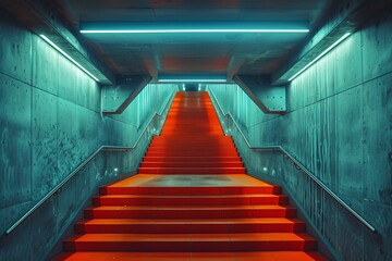 A mesmerizing display of symmetrical red stairs, illuminated by soft indoor lighting, lead down a...