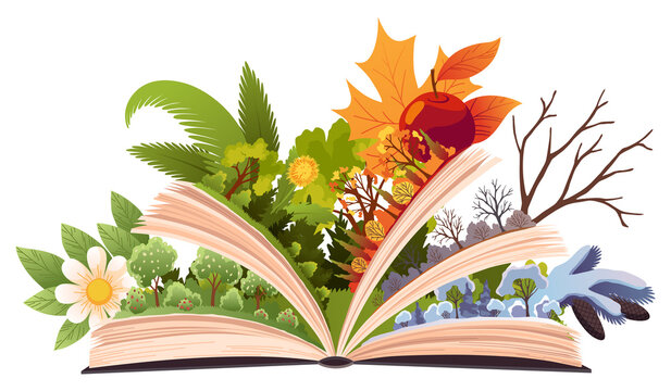 Book four seasons. Fairy tale story about four seasons, summer, winter, spring, autumn. Open book with different season on pages. Reading fantasy storybook about nature.  illustration