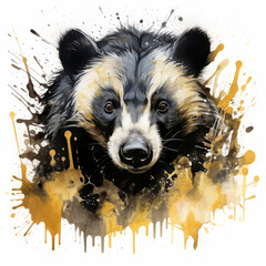 Black and Yellow ink blot of a honey badger on white background