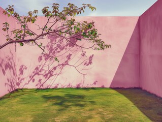 Surreal pink walls framing a single tree casting a shadow, a metaphor for isolation and contrast