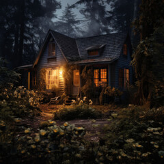 Rustic Cottage in the forest at night