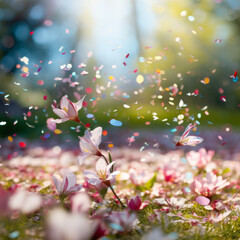 spring confetti bursting with blurry background