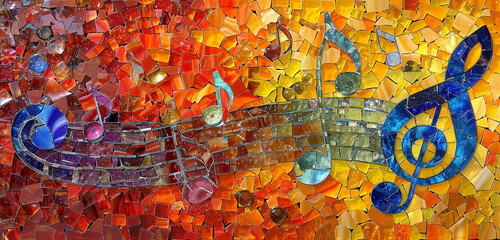 A vibrant mosaic of colored glass pieces, creating an image that captures the essence of festival music and dance without depicting any humans with background shifts from rust orange to warm brown