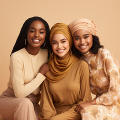 Smiling young women in neutral colors with neutral background