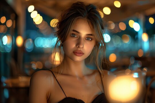 A stunning model gracefully poses for a photo shoot, exuding femininity and elegance in her long hair and fashion-forward clothing under the soft light of an indoor setting, accentuated by a brassier