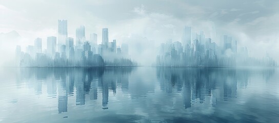 The city's towering skyscrapers disappear into the fog, while its reflection shimmers on the serene waters of the lake below, creating a mysterious and dreamlike landscape