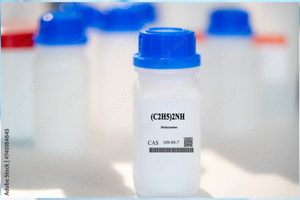 Wall mural (C2H5)2NH diethylamine CAS 109-89-7 chemical substance in white plastic laboratory packaging