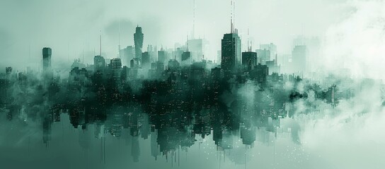 A bustling metropolis emerges from the mist, its towering skyscrapers reaching towards the sky and reflecting in the calm waters below, creating a mesmerizing cityscape that blends the outdoor landsc