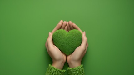 hands holding a simple green heart over a green background 