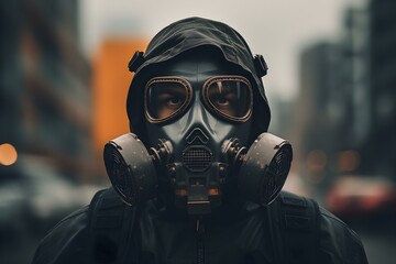 A person wearing a protective gas mask. Concept Apocalyptic Fashion, Survival Gear, Post-Apocalyptic Style