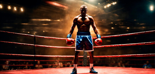 Black boxer in the ring. Generative AI