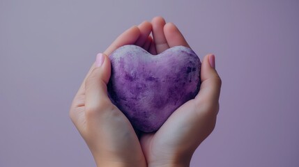 person holding a simple purple heart over a purple background